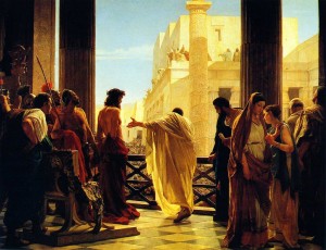 Antonio Ciseri's depiction of Pontius Pilate presenting a scourged Christ to the people Ecce homo! (Behold the man!). Painted 1871.